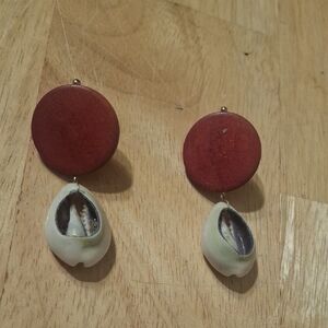 Red Wood Disc and White Shell Drop Earrings, Hand Made